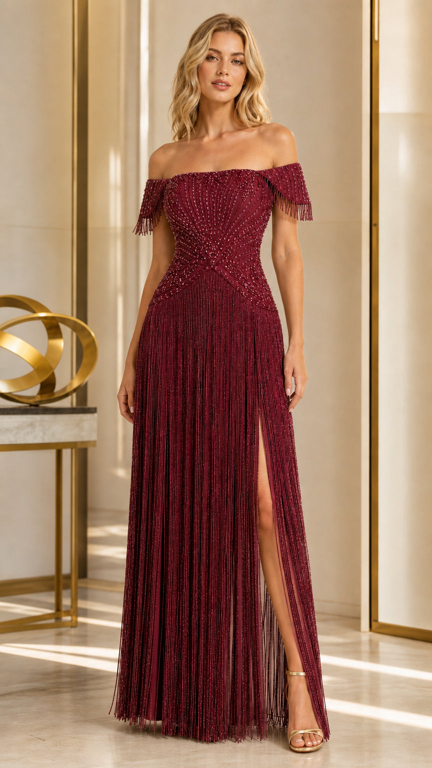Model wearing burgundy red off-the-shoulder embellished fringe gown
