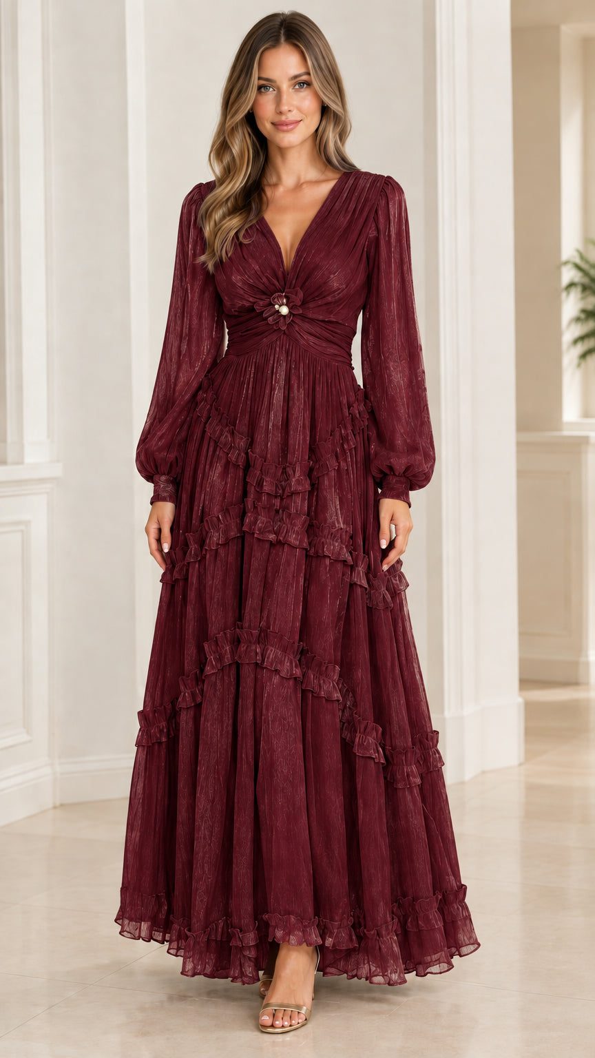 Model wearing burgundy wine tiered plissé maxi dress with V-neckline