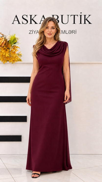 Front view of burgundy wine cowl neck sleeveless evening maxi dress