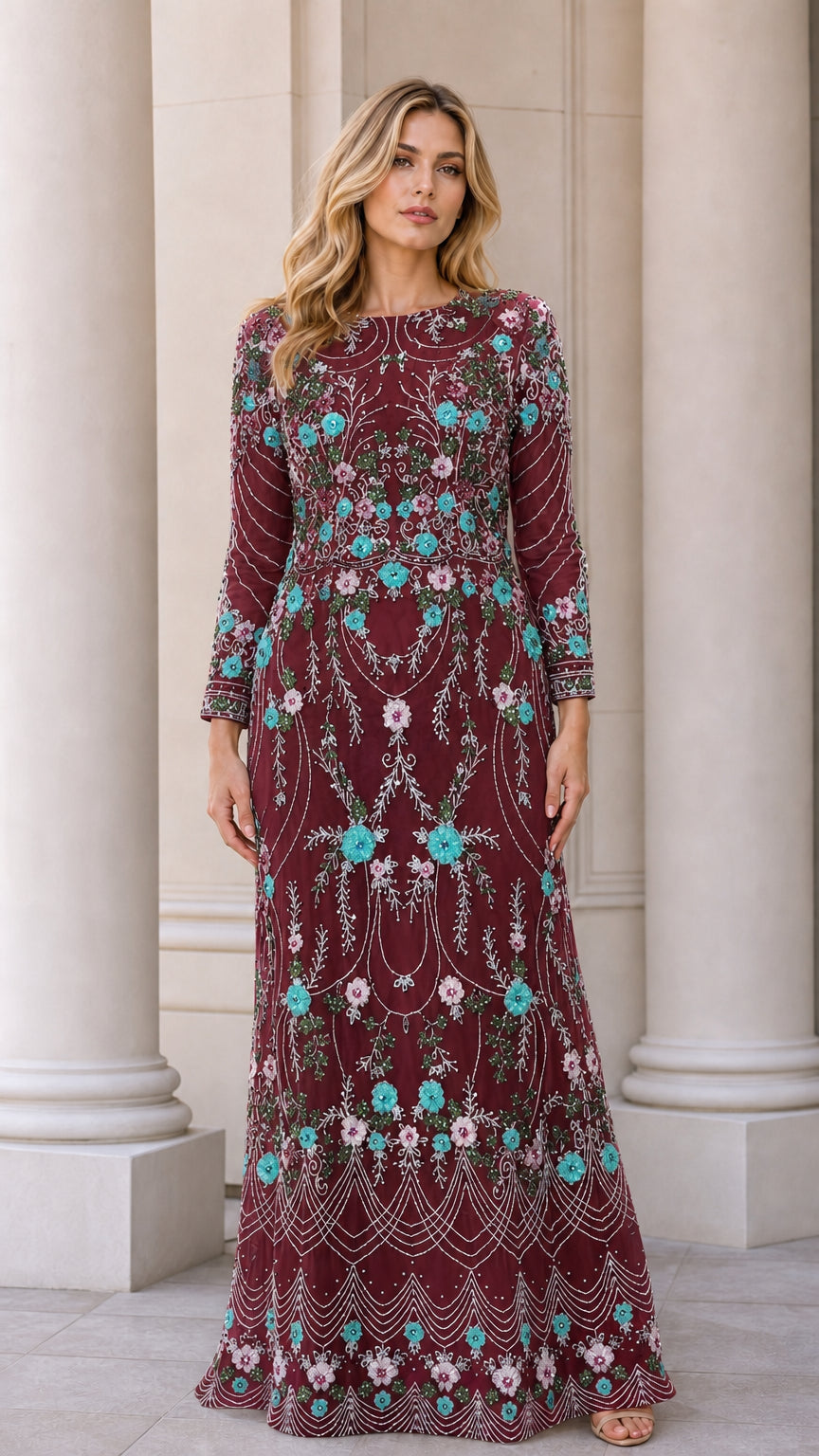 Burgundy wine floral beaded long sleeve evening gown front view