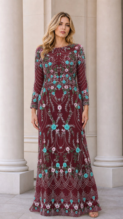 Burgundy wine floral beaded long sleeve evening gown front view