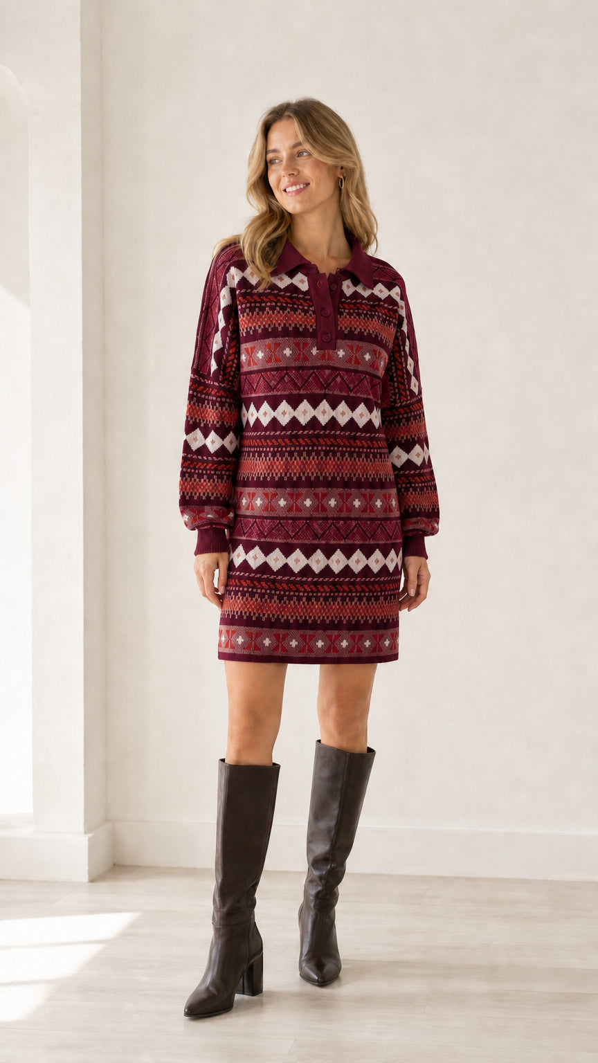 Model wearing burgundy red geometric pattern long sleeve polo knit sweater dress