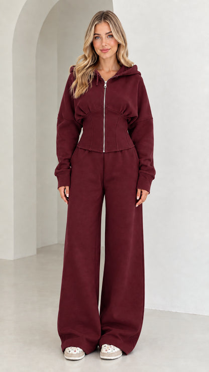 Full-length view of women's corset hoodie and wide-leg sweatpants set in Burgundy