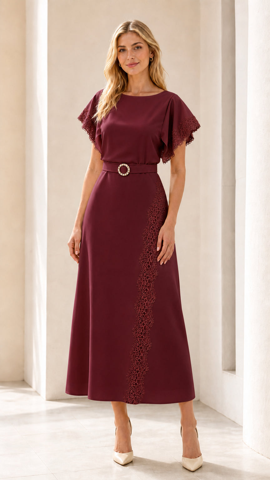 Front view of burgundy lace-trimmed midi dress