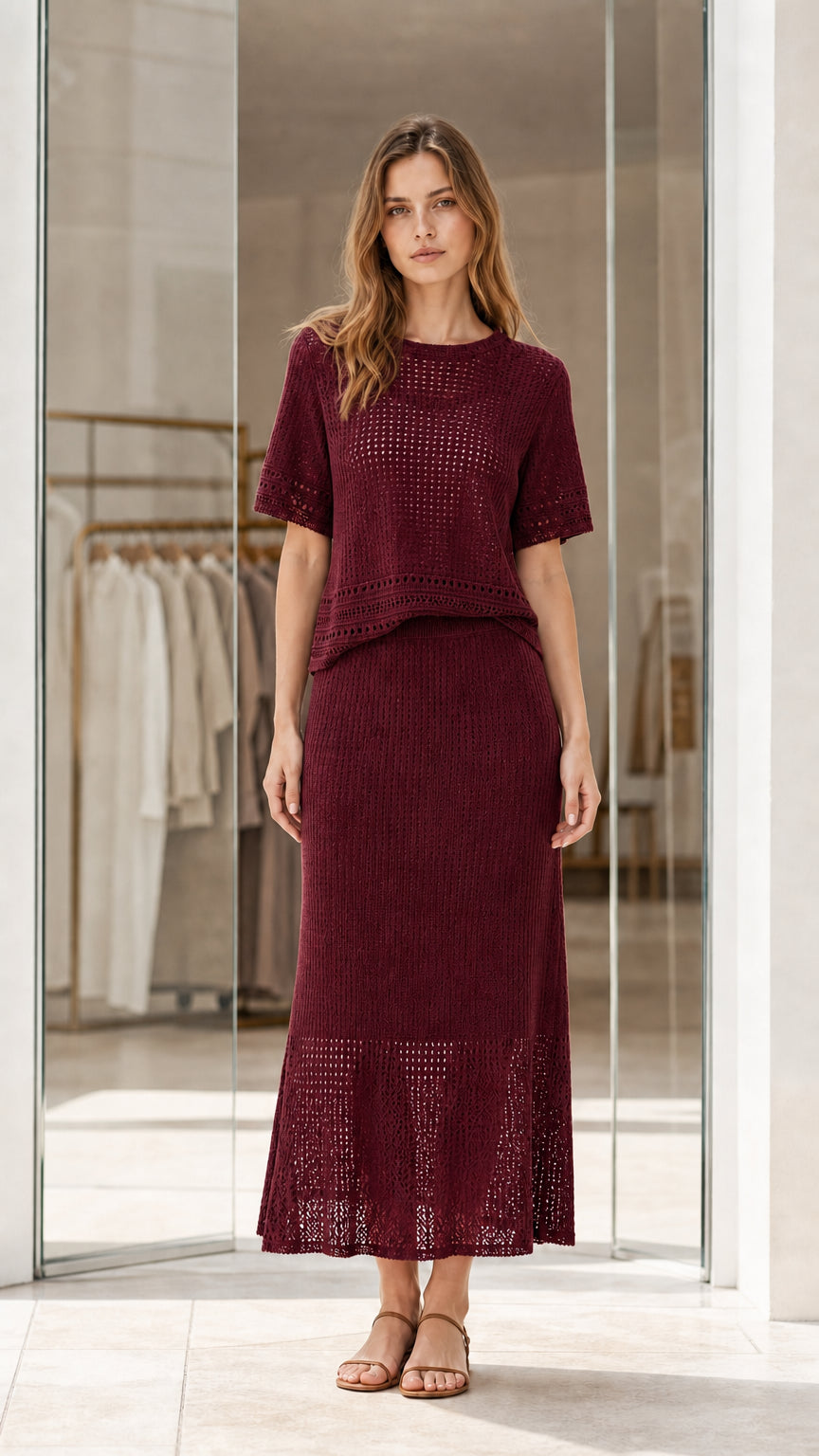 Full front view of burgundy wine red pointelle knit two-piece skirt set