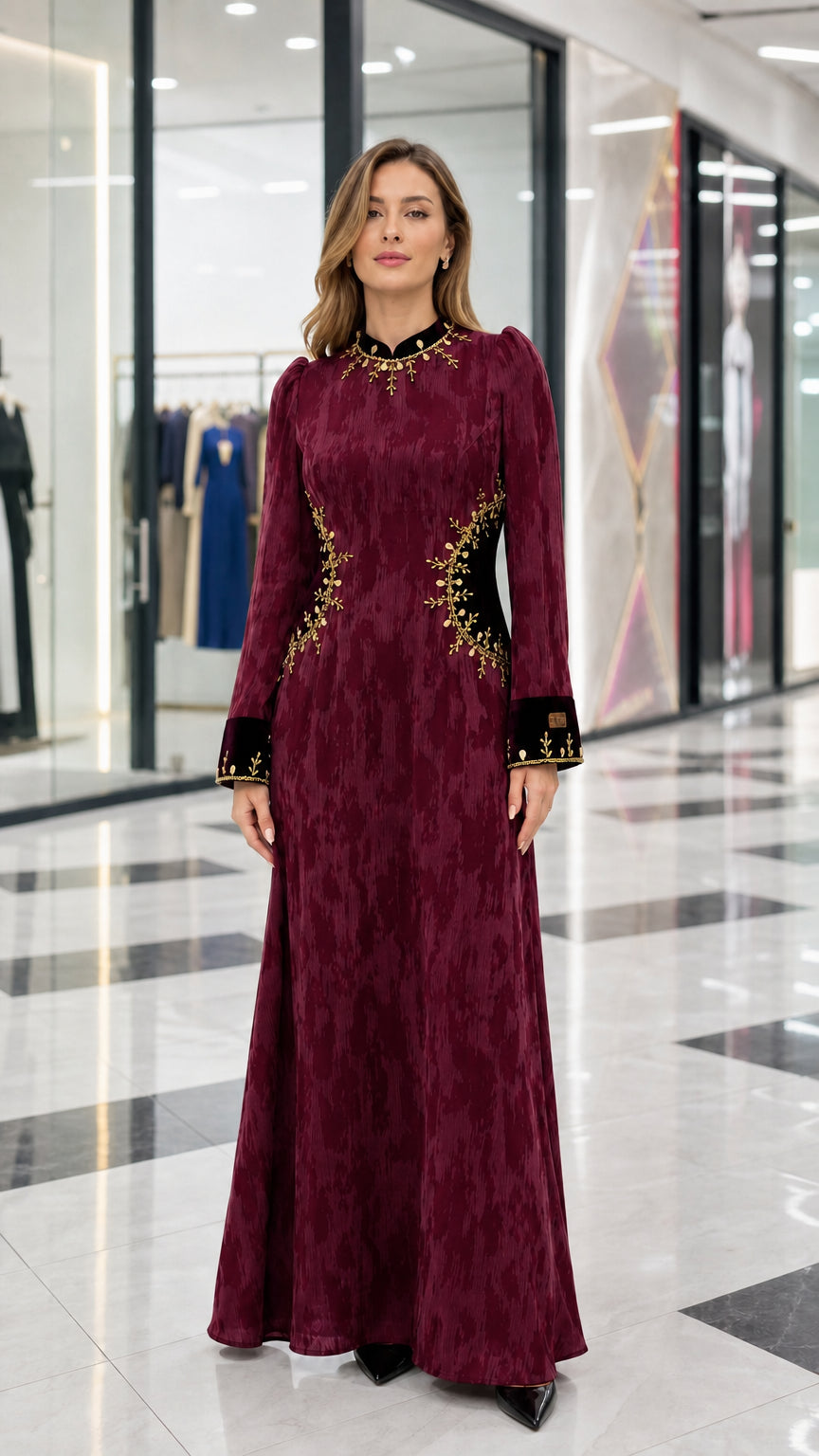 Burgundy wine red textured long sleeve maxi dress with embroidered velvet trim