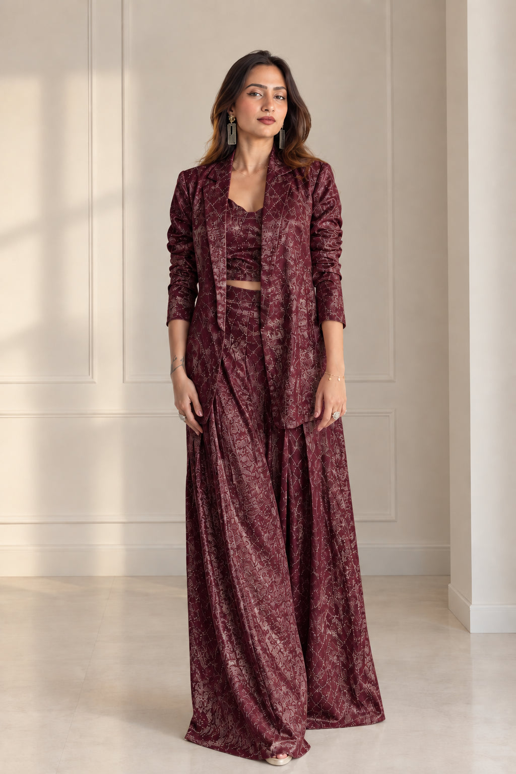 Front view of model wearing Burgundy textured jacquard 3-piece pant suit set