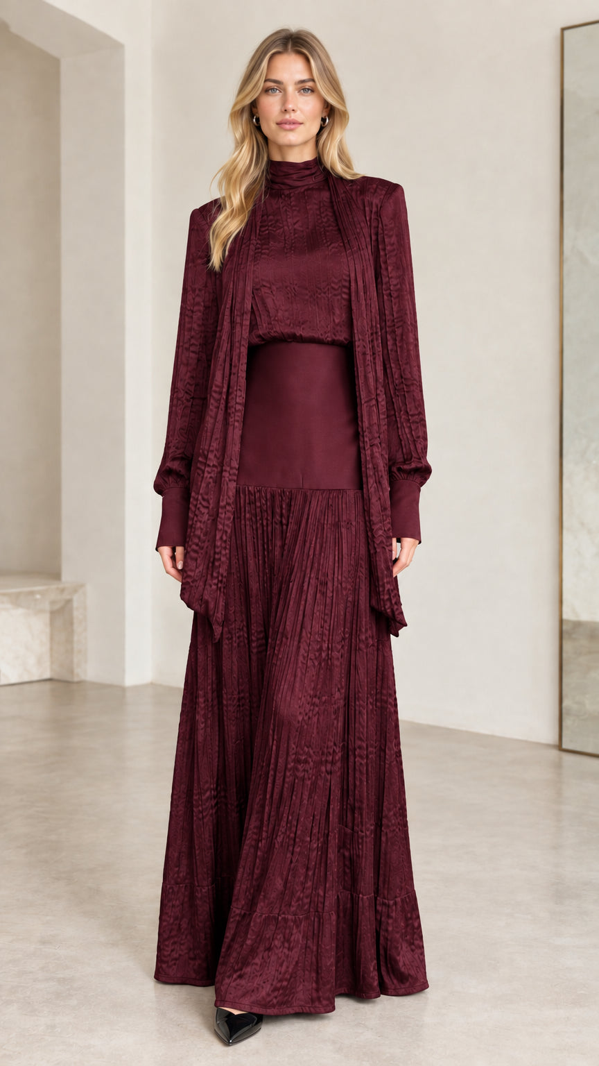 Burgundy wine textured pleated maxi dress and matching cardigan