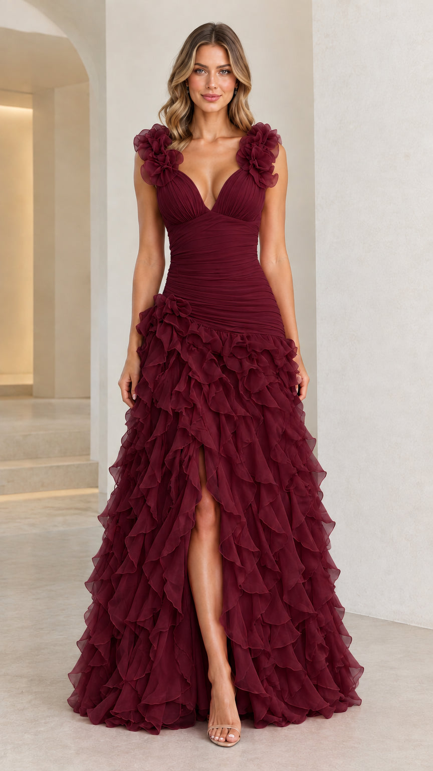Front view of woman wearing Burgundy tiered ruffle slit maxi dress