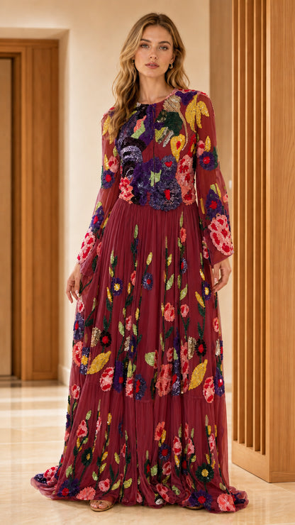 Burgundy floral embroidered sequin long sleeve pleated formal maxi dress