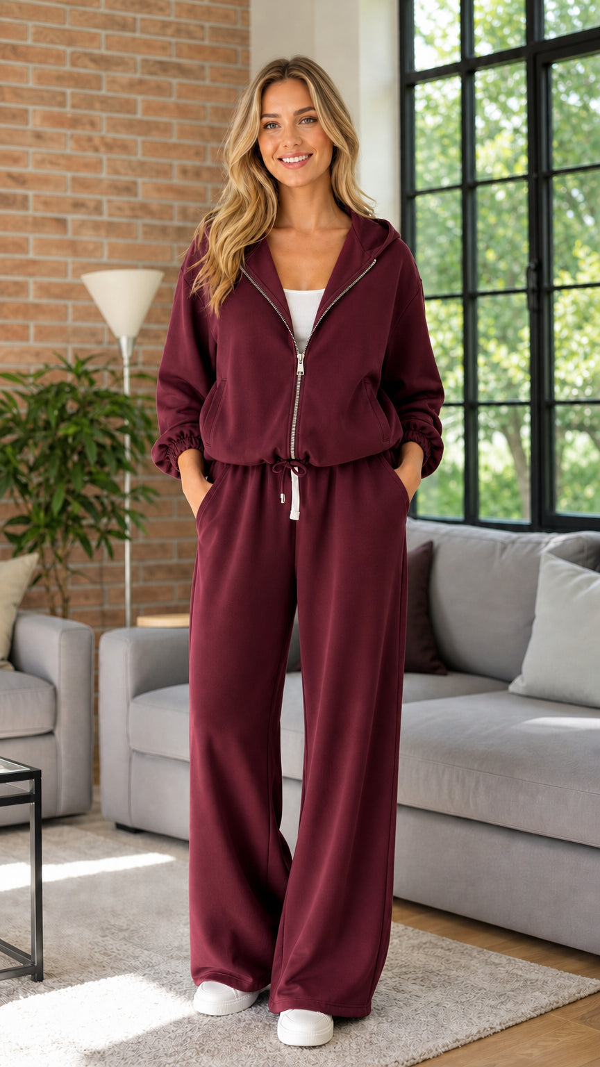 Model wearing burgundy wine zip-up hoodie and wide-leg sweatpants set
