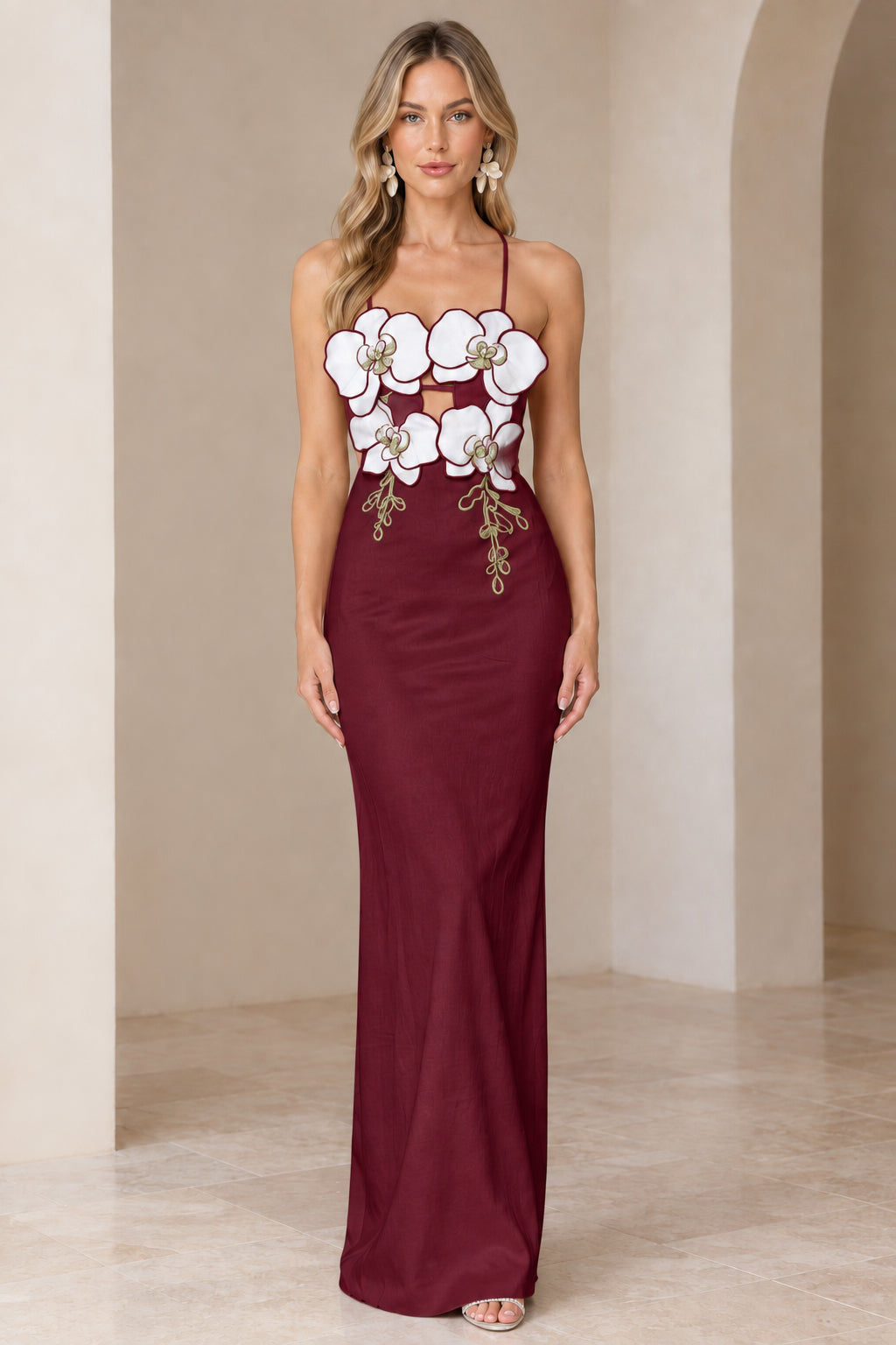 Front view of model wearing Burgundy wine backless floral maxi dress