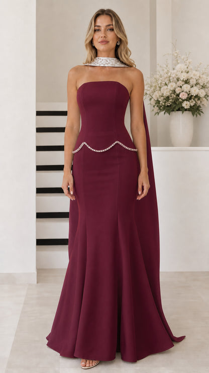 Burgundy wine red strapless evening gown with sparkling neck cape