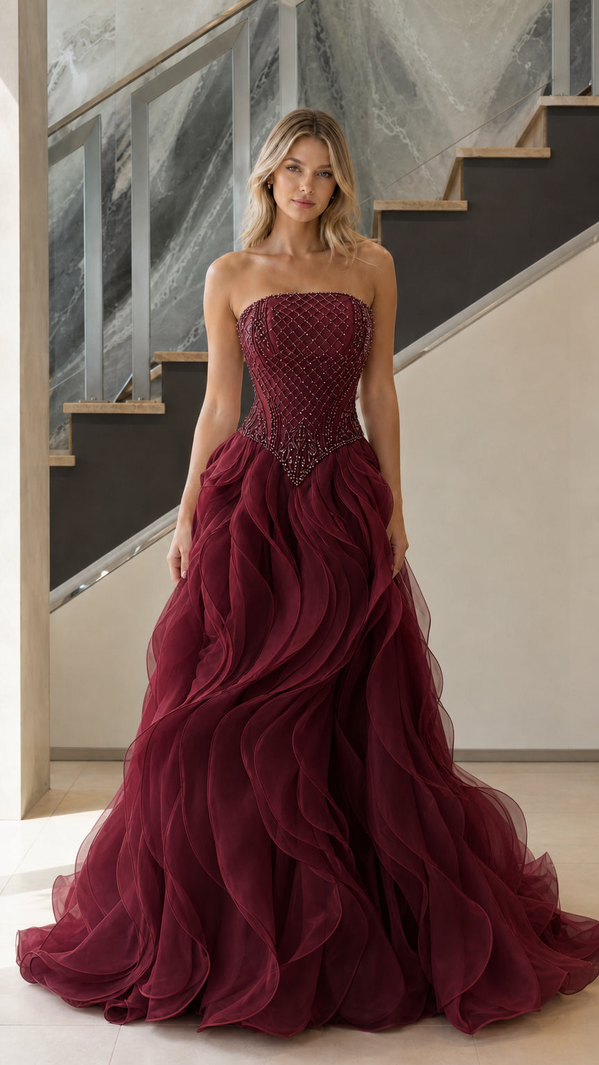 Front view of burgundy red strapless beaded organza ruffle ball gown