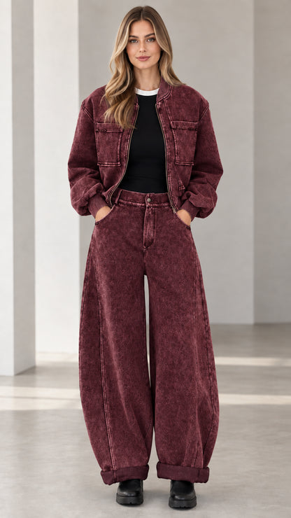 Full front view of washed burgundy red denim jacket and wide leg pants set