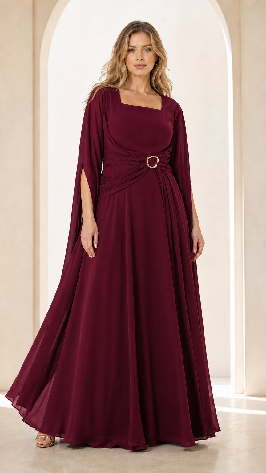 Front view of Burgundy wine red cape sleeve formal evening gown