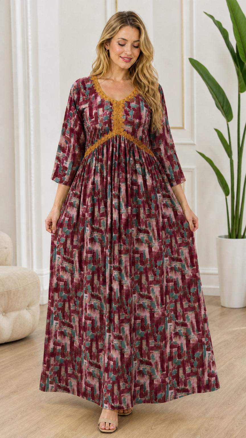 Full-length front view of model wearing rich burgundy wine abstract print maxi dress