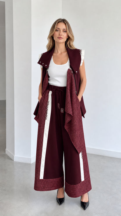 Burgundy wine red asymmetrical vest and contrast wide-leg pant set