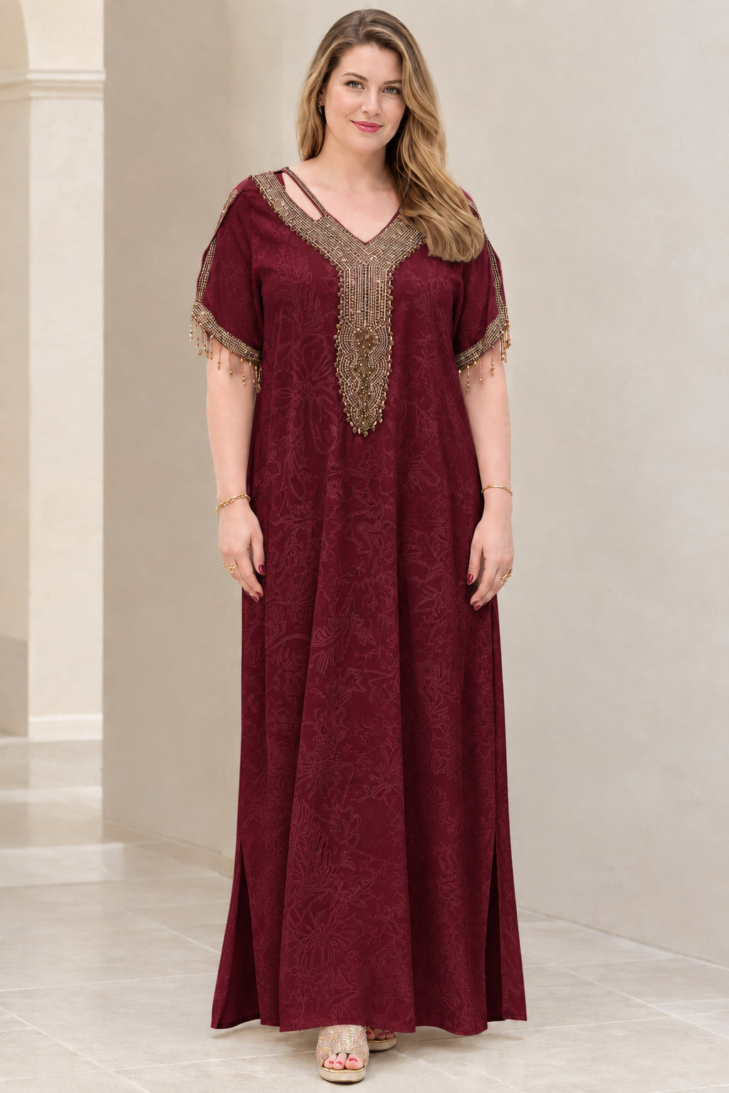 Front view of burgundy red beaded jacquard kaftan maxi dress