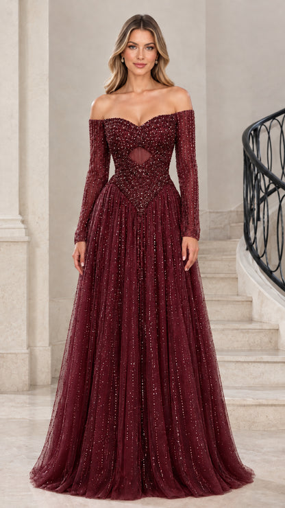 Burgundy wine red off-the-shoulder long sleeve beaded formal gown front view