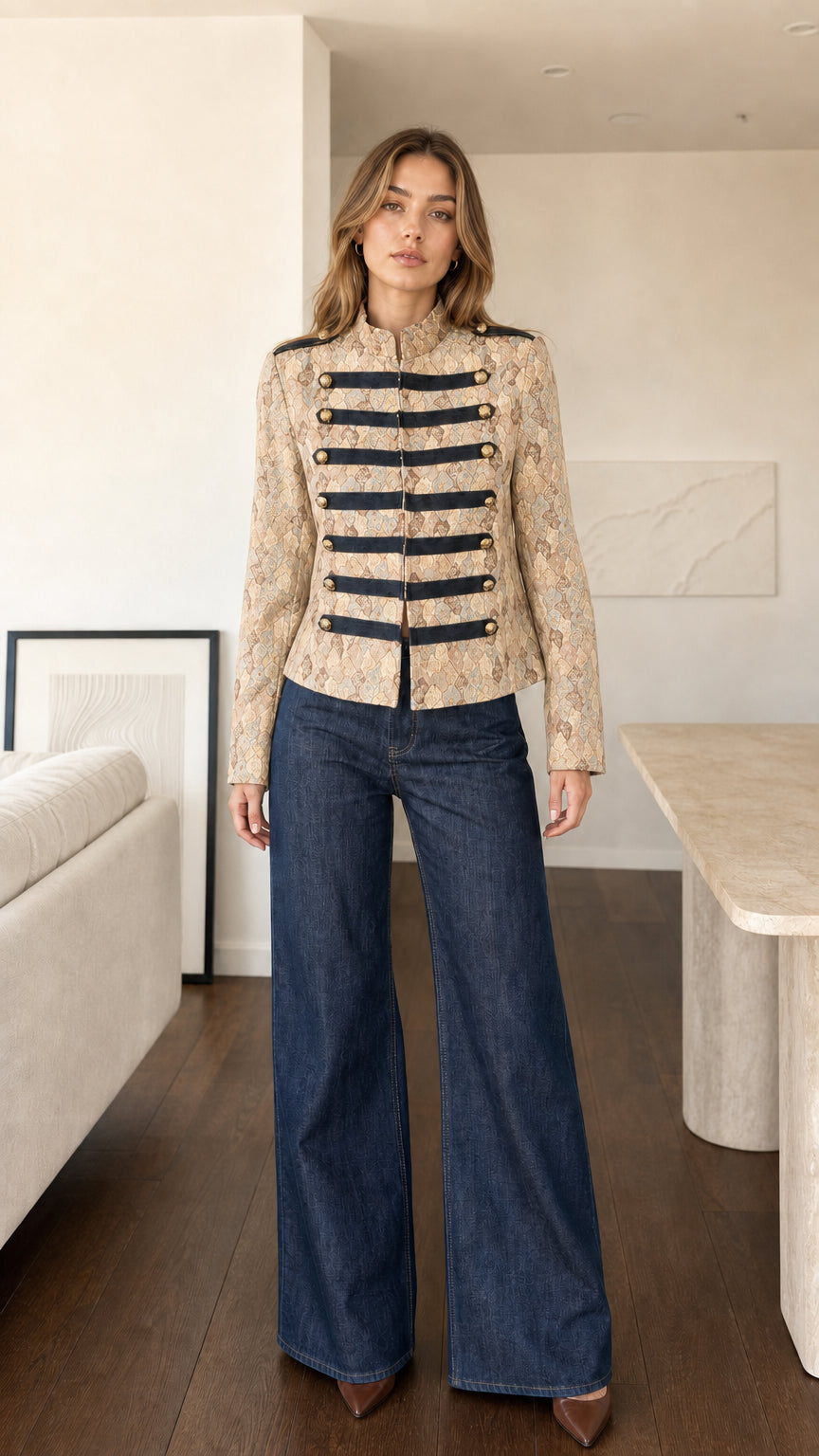 Front view of model wearing Beige champagne woven military band jacket