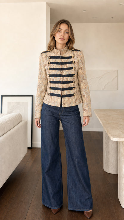 Front view of model wearing Beige champagne woven military band jacket