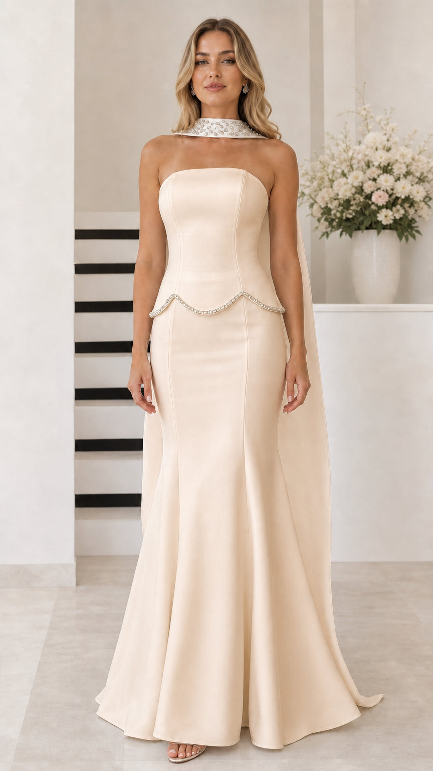 Champagne cream strapless mermaid evening gown with cape attachment