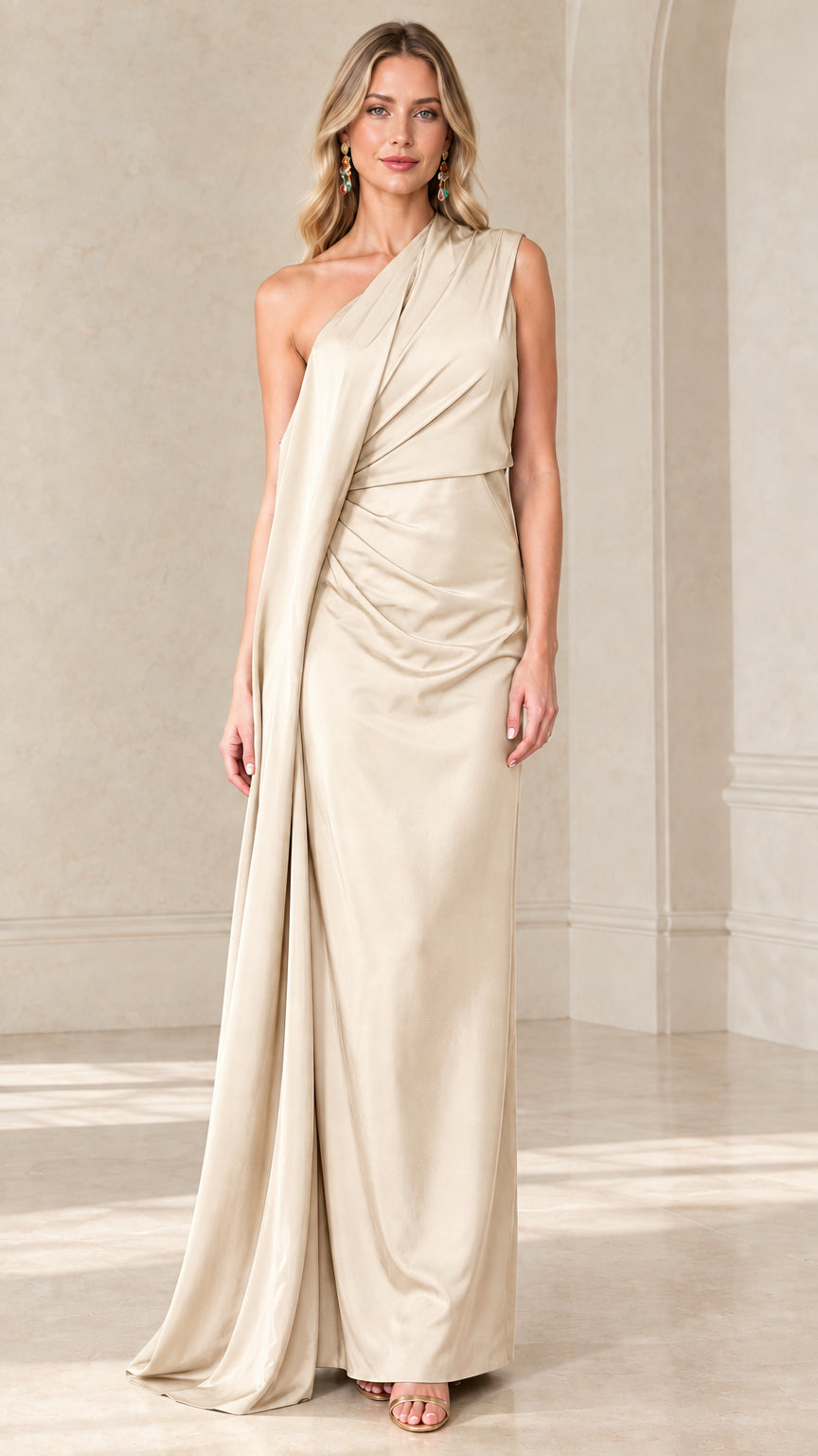 Front view of woman wearing Champagne one-shoulder draped maxi evening gown