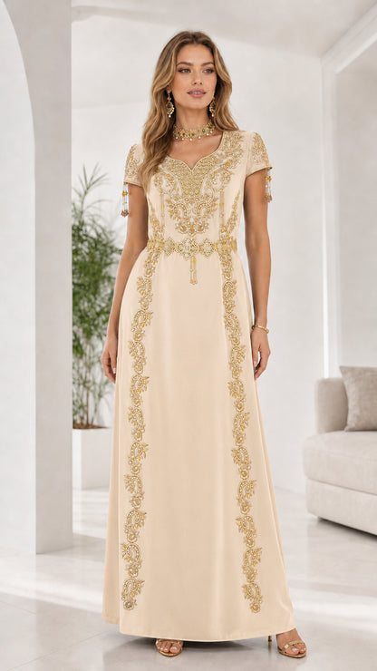 Full front view of champagne gold embroidered evening maxi dress