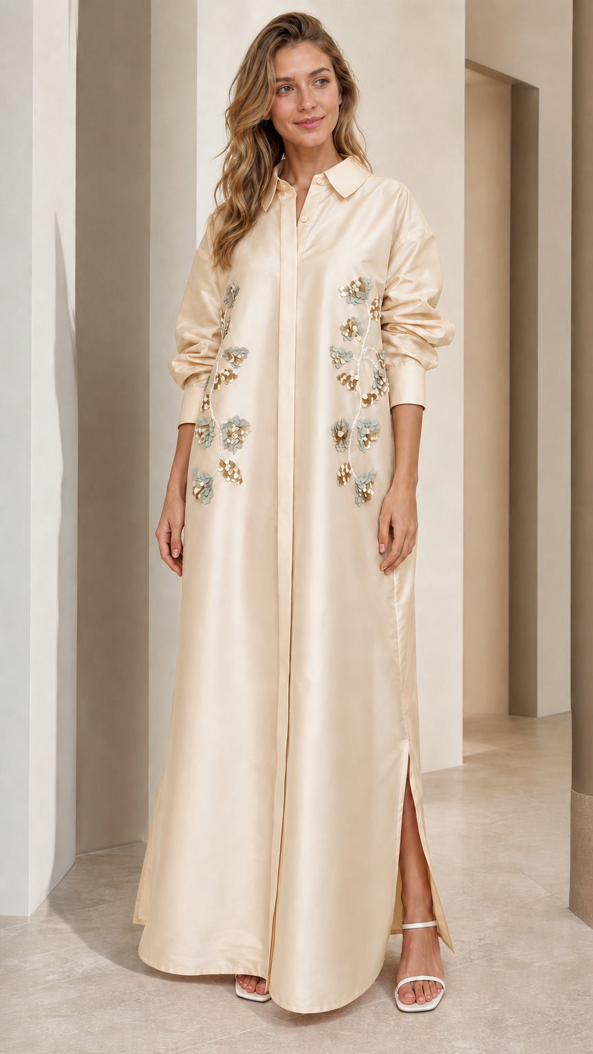 Front full view of champagne beige floral sequin embroidered collared maxi dress