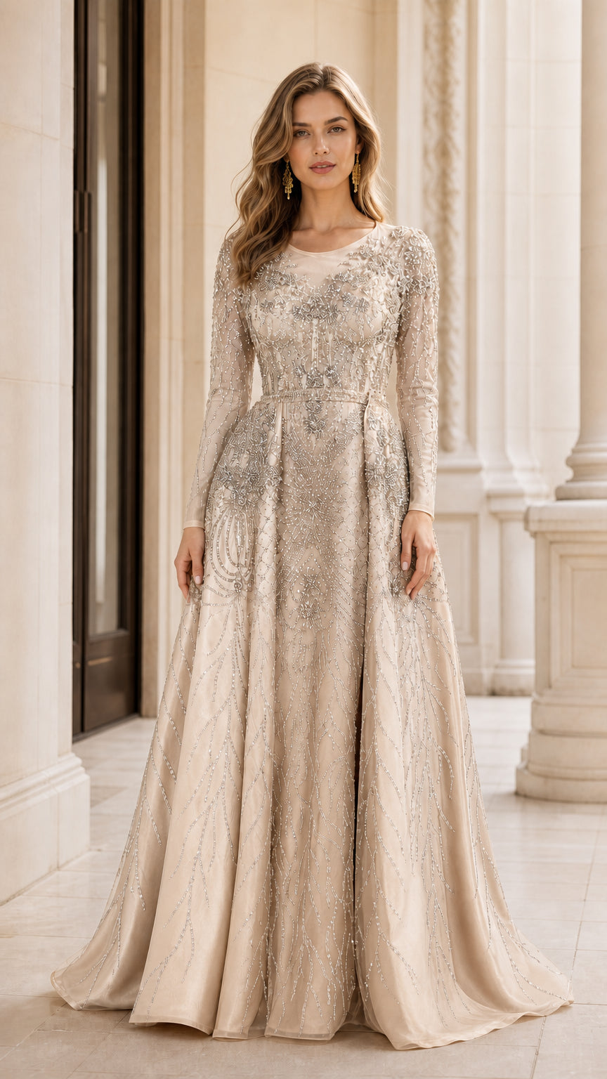 Full-length front view of champagne silver beaded long sleeve formal dress