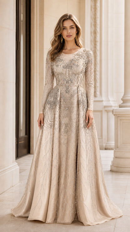 Full-length front view of champagne silver beaded long sleeve formal dress