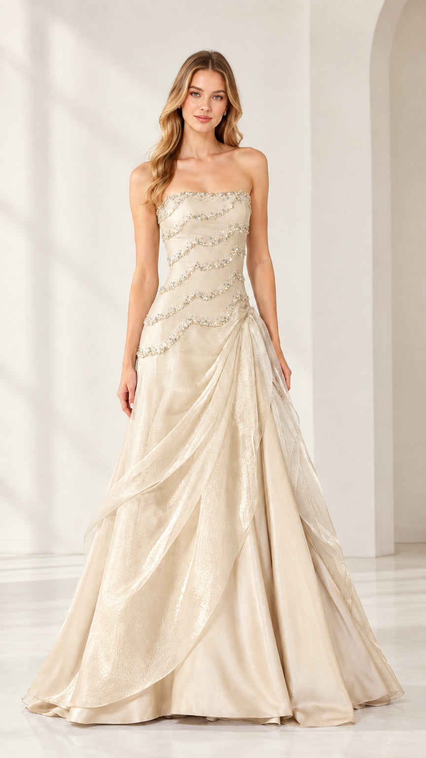 Full-length view of strapless beaded cascading A-line evening dress in Champagne