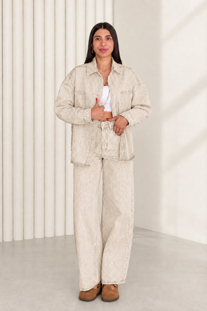 Model wearing beige khaki striped denim shacket and wide leg pants set