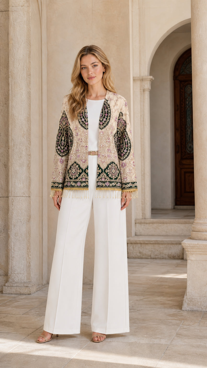 Front studio view of Champagne Gold beaded evening jacket