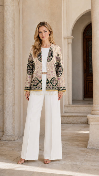 Front studio view of Champagne Gold beaded evening jacket