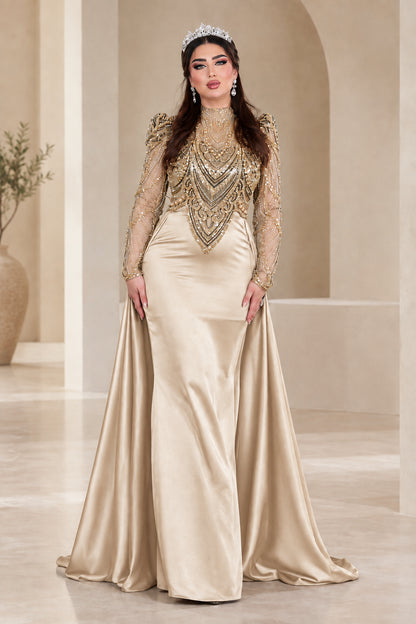 Front view of champagne gold formal evening gown with shimmering embroidered top
