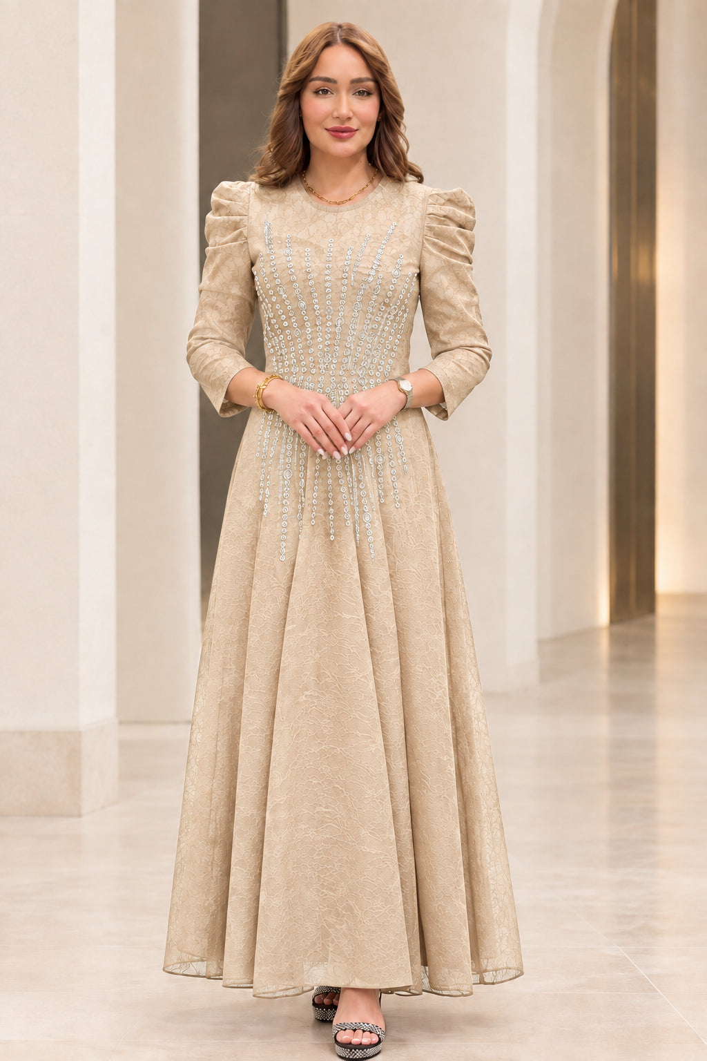 Champagne beige embellished A-line formal maxi dress