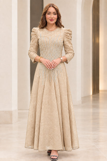 Champagne beige embellished A-line formal maxi dress