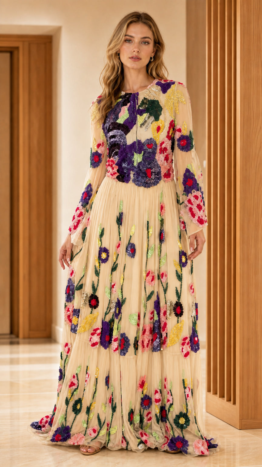 Champagne beige floral embroidered sequin long sleeve tulle evening gown