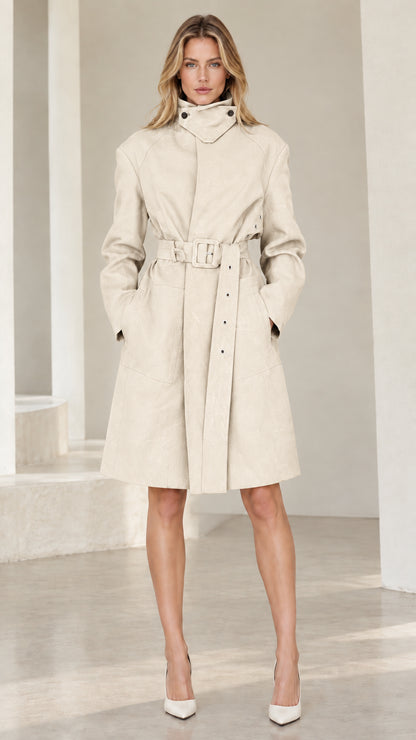 Front view of woman wearing Beige stand collar belted trench coat