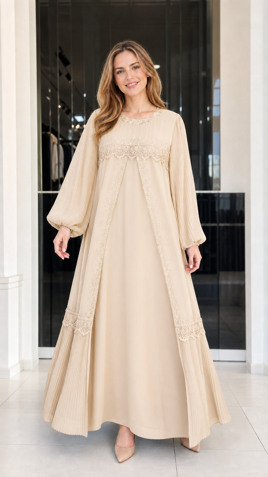 Front view of woman wearing beige champagne pleated balloon sleeve modest maxi dress