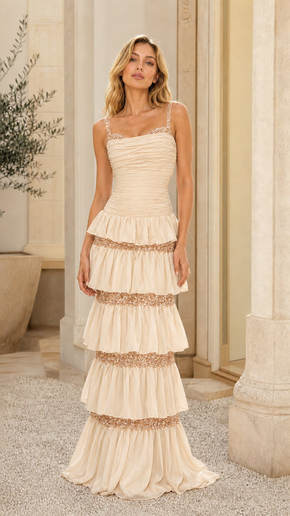 Front view of champagne tiered sequin maxi dress variant