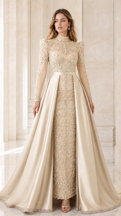 Model wearing champagne gold long sleeve beaded formal gown with sweeping satin overskirt