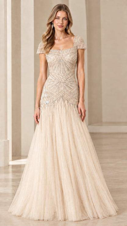 Champagne gold beaded cap sleeve tulle formal evening gown