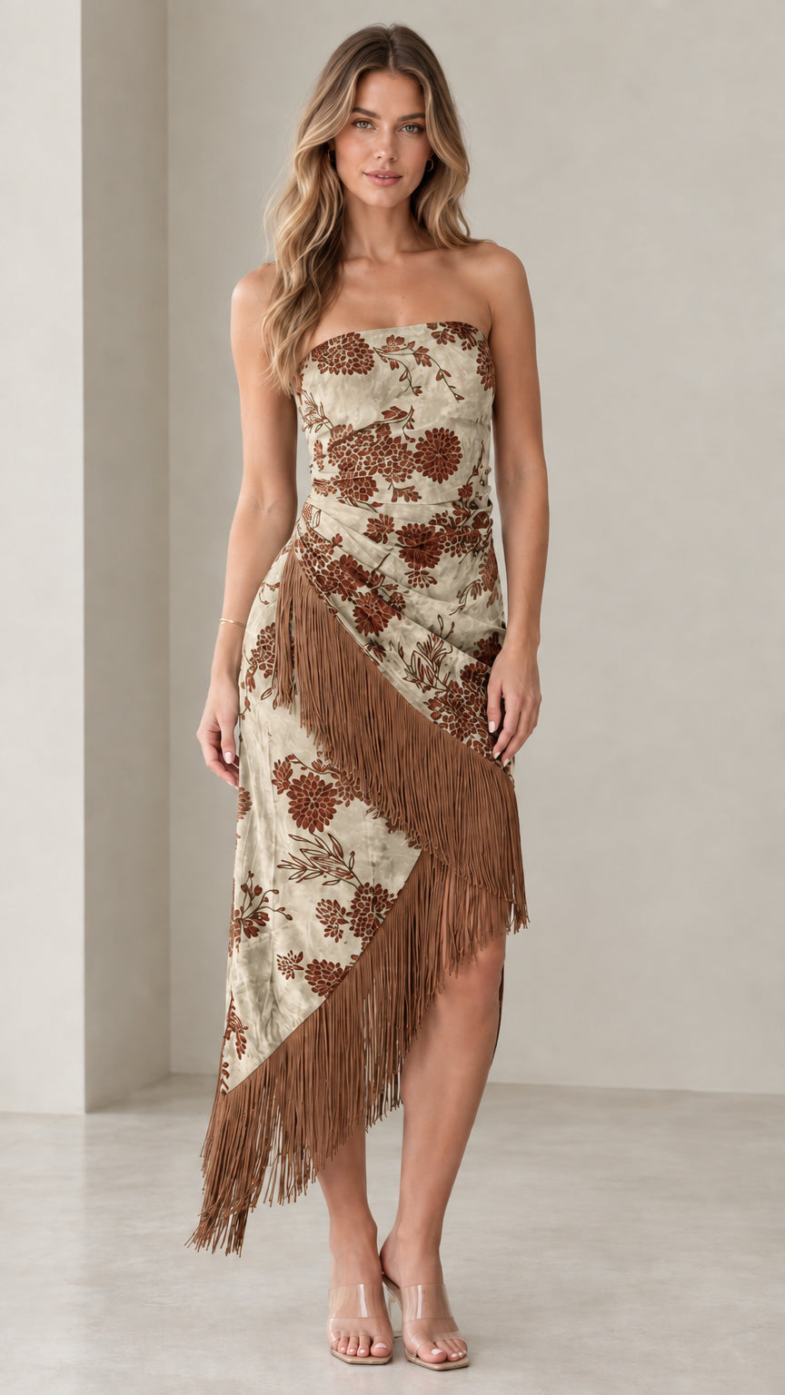 Beige strapless floral midi dress with brown fringe hem trim