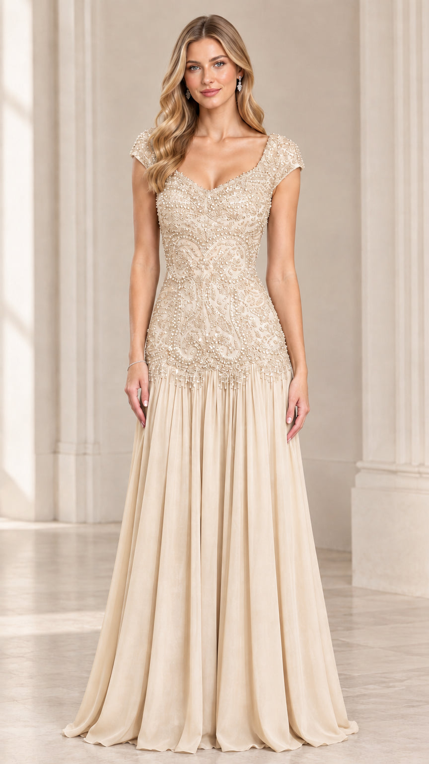 Front view of champagne beige beaded lace drop waist formal evening gown