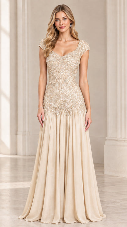 Front view of champagne beige beaded lace drop waist formal evening gown