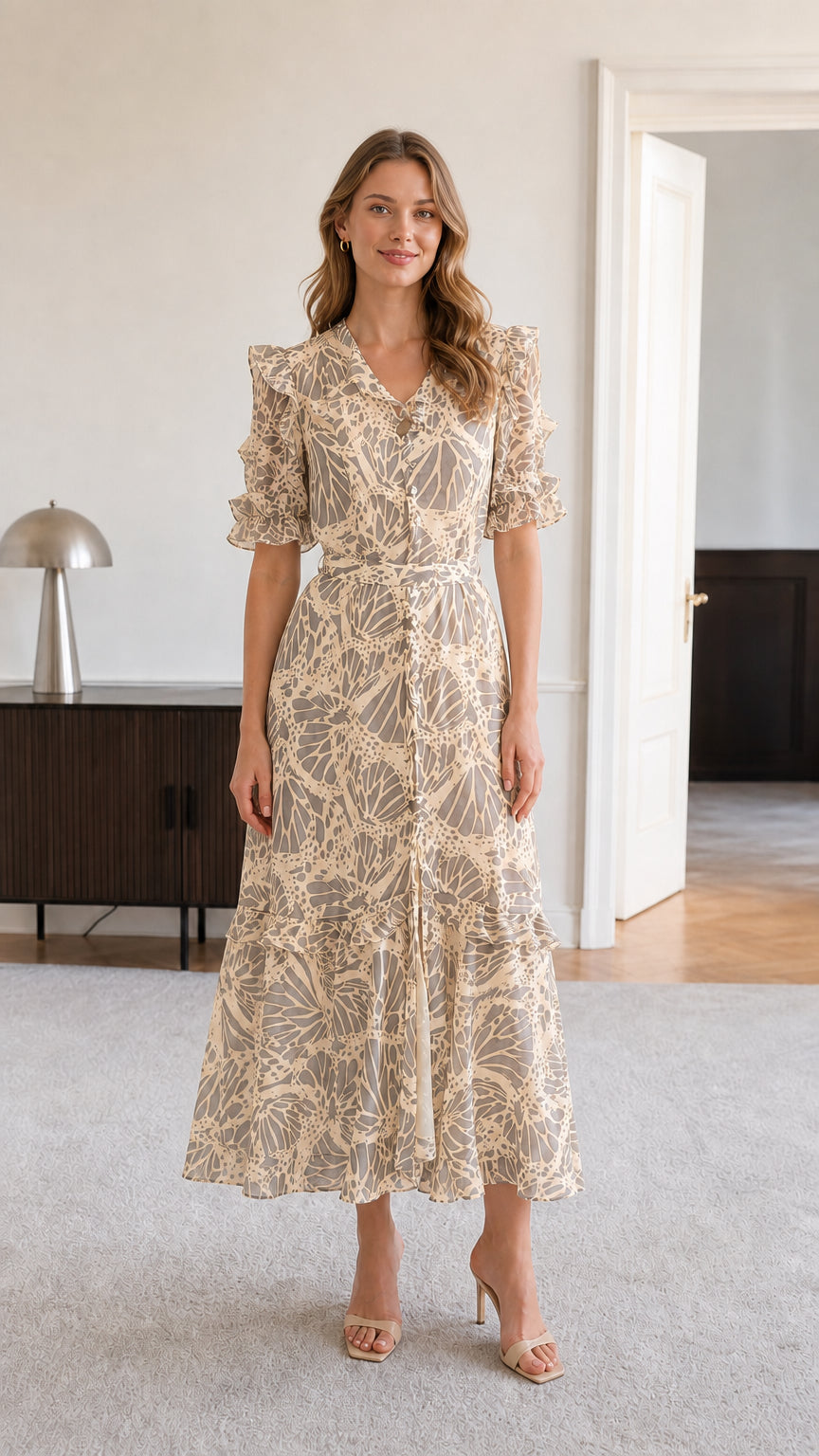 Model wearing beige neutral floral print tiered midi dress