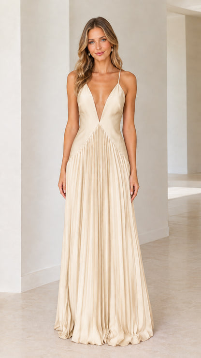 Champagne cream pleated maxi dress front view